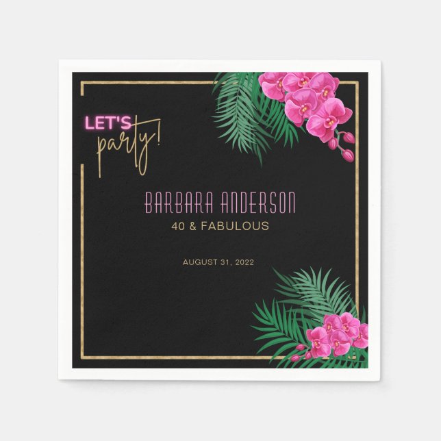 Let's Party Black Gold Neon Tropical 40th Birthday Napkin (Front)