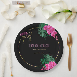 Let's Party Black Gold Neon Tropical 40th Birthday Paper Plate