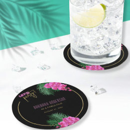 Let's Party Black Gold Neon Tropical 40th Birthday Round Paper Coaster
