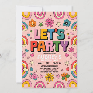 Let's Party Boho Rainbow Pink Retro  Invitation