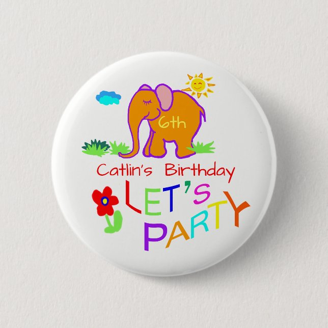 Let's Party Elephant Colourful Name & Age Birthday 2 Inch Round Button (Front)