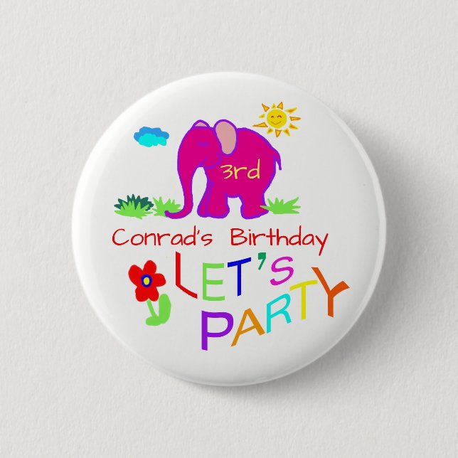 Let's Party Elephant Colourful Name & Age Birthday 2 Inch Round Button (Front)