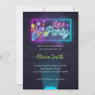 Let's Party | Glow Party | Neon Light Birthday Invitation