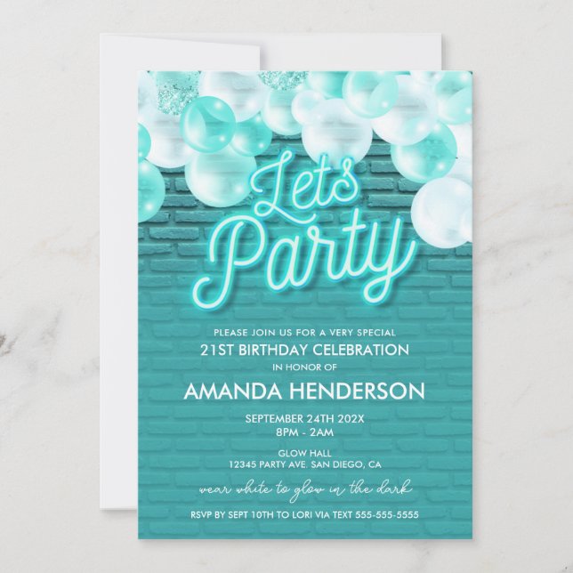 Let's Party Glow Teal Birthday Invitation (Front)