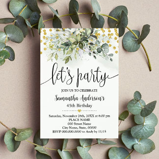 Let's Party Greenery Gold Glitter Birthday Invitation