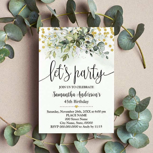 Let's Party Greenery Gold Glitter Birthday Invitation (Creator Uploaded)