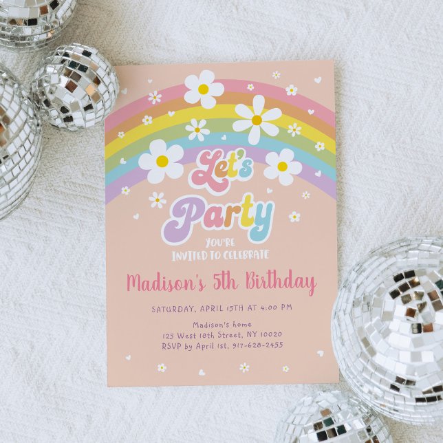 Let's Party Groovy Daisy Rainbow Birthday Invitation (Creator Uploaded)