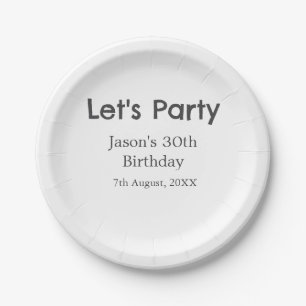 Let's party happy 30th birthday simple grey name paper plate