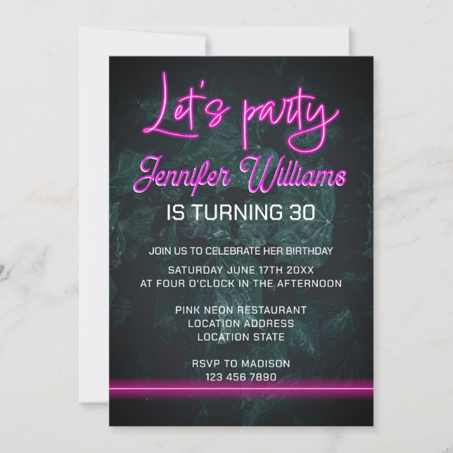 Lets party hot pink neon script foliage invitation (Front)