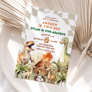 Let's Party Like Dinosaur Sibling Birthday Vintage Invitation