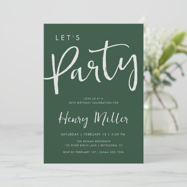 Let's Party Minimalist Birthday Celebration Green Invitation (Standing Front)
