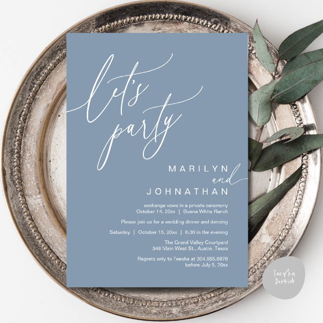 Let's Party, Modern Romantic Wedding Reception Invitation (Let's Party, Modern Romantic Wedding Reception Dinner Invitation Card in Dusty Blue)