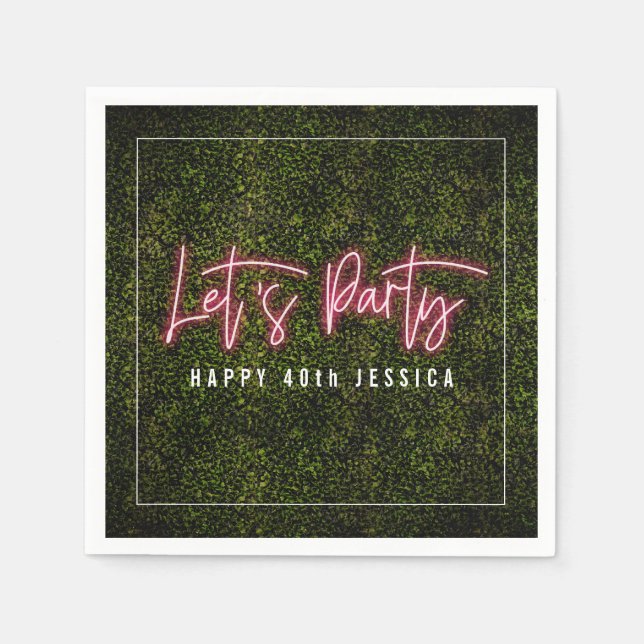 Let's Party Pink Neon Boxwood Birthday  Napkin (Front)