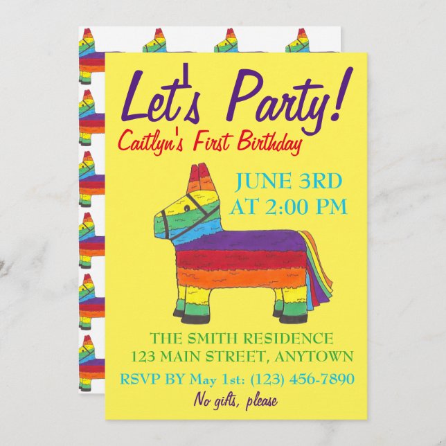 Let's Party Rainbow Donkey Birthday Fiesta Piñata Invitation (Front/Back)