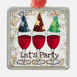 LET'S PARTY RED WINE PARTY HATS PRINT METAL ORNAMENT