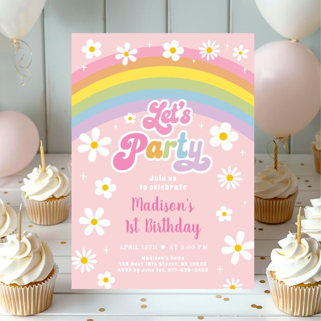 Let's Party Retro Daisy Rainbow Birthday Invitation (Creator Uploaded)