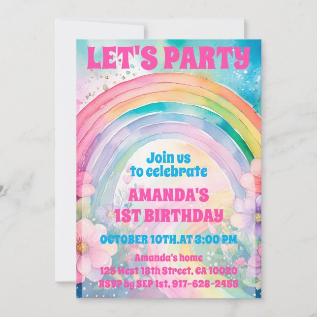 Let's Party Retro Pastel Rainbow Flowers Birthday Invitation (Front)