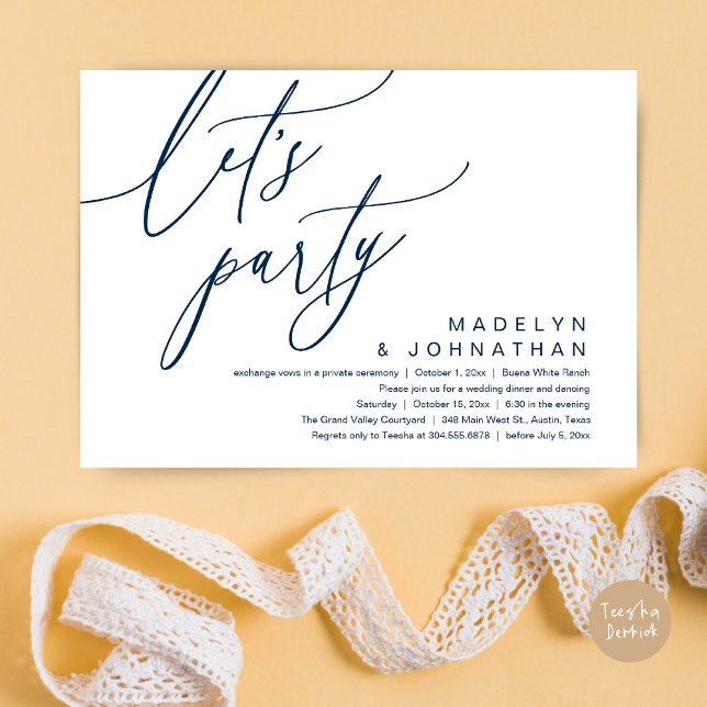 Let's Party, Romantic Wedding Dinner and Dancing Invitation (Let's Party, Romantic Charm Wedding Dinner Dancing Lunch Brunch Invitation Card PDF Navy Blue)