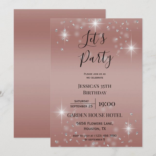 Let's Party Rose Gold Glitter & Sparkles Birthday Invitation (Front/Back)