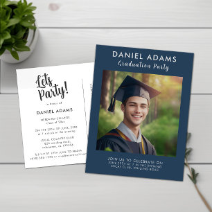 Lets Party   Simple Navy Blue Border Grad Party Postcard