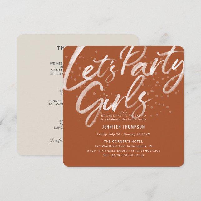 Let's Party Terracotta Bachelorette Party Invitation (Front/Back)