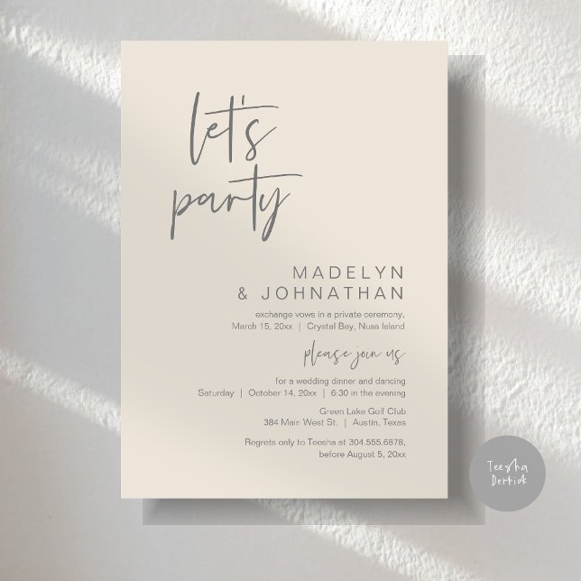 Let's Party, Wedding Elopement Dinner and Dancing Invitation (Let's Party, Modern Wedding Elopement Dinner and Dancing Invitation Card, PDF, in Cream Grey)
