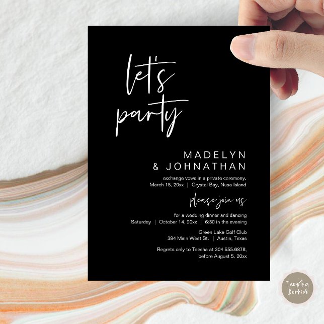 Let's Party, Wedding Elopement Dinner and Dancing Invitation (Let's Party, Modern Wedding Elopement Dinner and Dancing Invitation Card, PDF, in Classy Black)