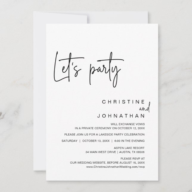 Let's Party, Wedding Elopement Dinner Celebration  Invitation (Front)
