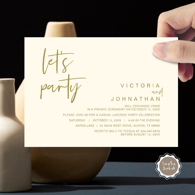 Let's Party, Wedding Elopement Party Invitation (Let's Party, Wedding Elopement Dinner Invitation Card, Modern Minimalist Script, in Classy Gold)