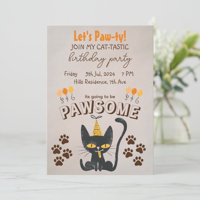 Let's Paw-ty!-Cute Black Cat Wearing Birthday Hat Invitation (Standing Front)