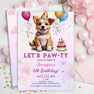 Lets Pawty 6th Birthday Dog Puppy Girl Party  Invitation