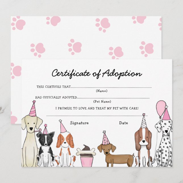 Lets Pawty Adoption Certificate Dog birthday card (Front/Back)