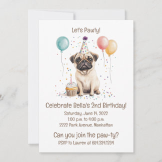 Let's Pawty Birthday Pug Dogs Cupcake Invitation
