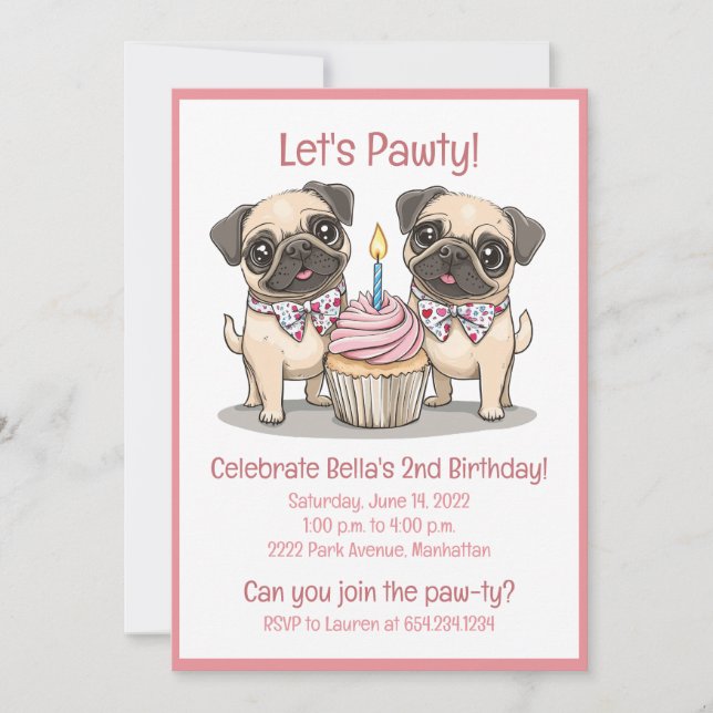 Let's Pawty Birthday Pug Dogs Cupcake Invitation (Front)