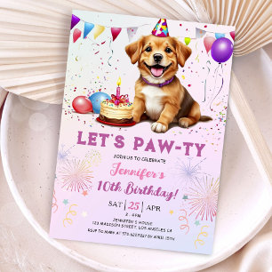 Lets Pawty Dog Birthday Party Girl 10th Birthday  Invitation