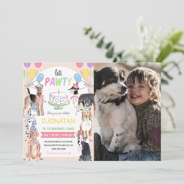 Lets Pawty Dog First Birthday Invitation Card (Standing Front)