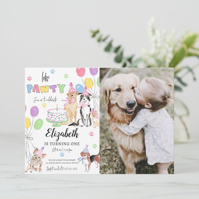 Lets Pawty Dog First Birthday Invitation Card (Standing Front)