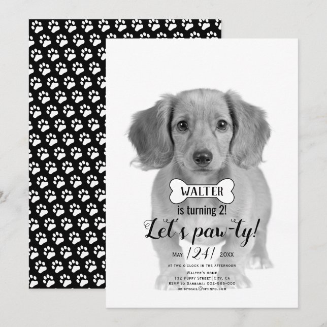 Let's Pawty! Dog pet bone black birthday photo Invitation (Front/Back)