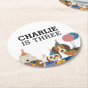 Lets Pawty Dog Puppy Birthday Party Round Paper Coaster
