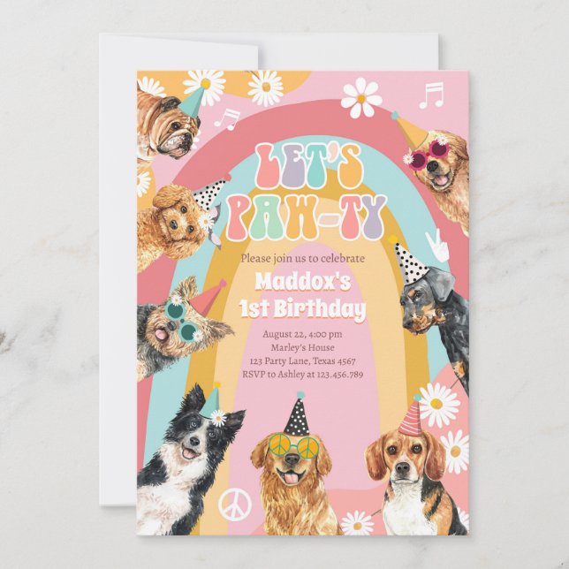 Let's Pawty Dog Retro Groovy Girl Birthday Invitation (Front)