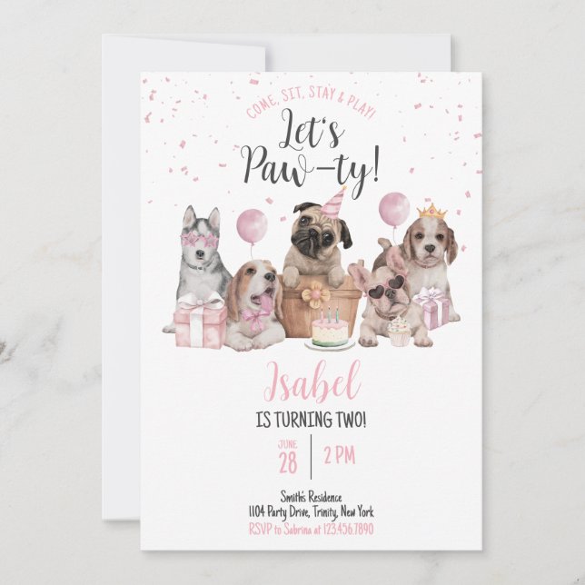 Let's Pawty Girl Dog Birthday Invitation (Front)