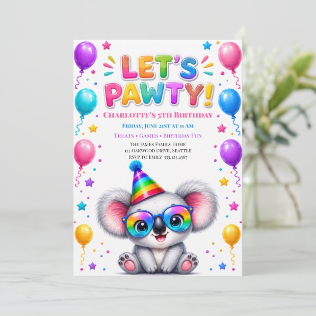 Let's Pawty Koala Birthday Party Invitation (Standing Front)