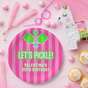 Let's Pickle Pink and Lime Green Pickleball Party Paper Plate