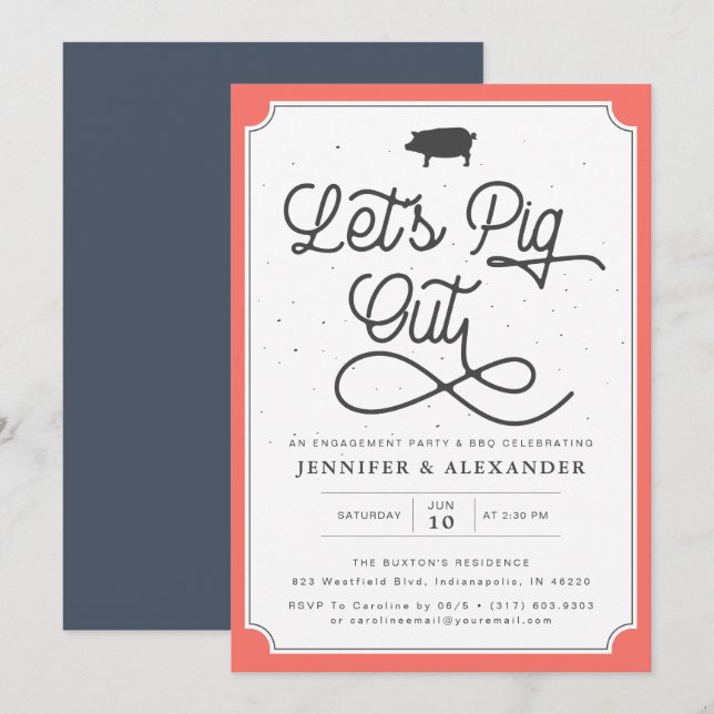 Let's Pig Out Coral Navy I Do BBQ Engagement Party Invitation (Front/Back)