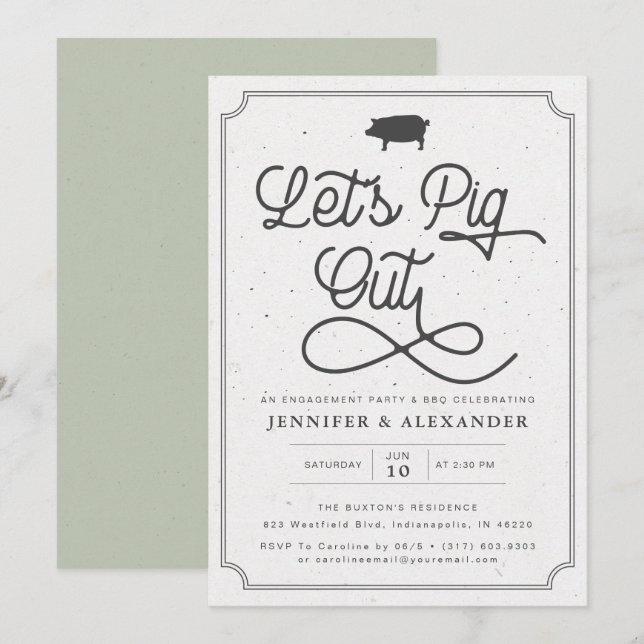 Let's Pig Out Green I Do BBQ Engagement Party Invitation (Front/Back)