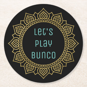 Let's Play Bunco Girls Night Out Party Gold Black Round Paper Coaster