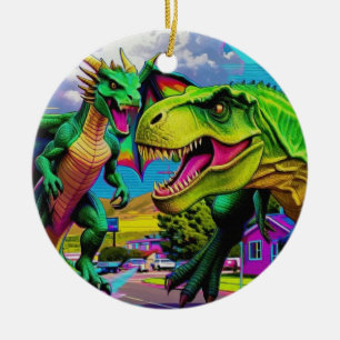 Lets Play - Green Dragon and Dinosaur Ceramic Ornament