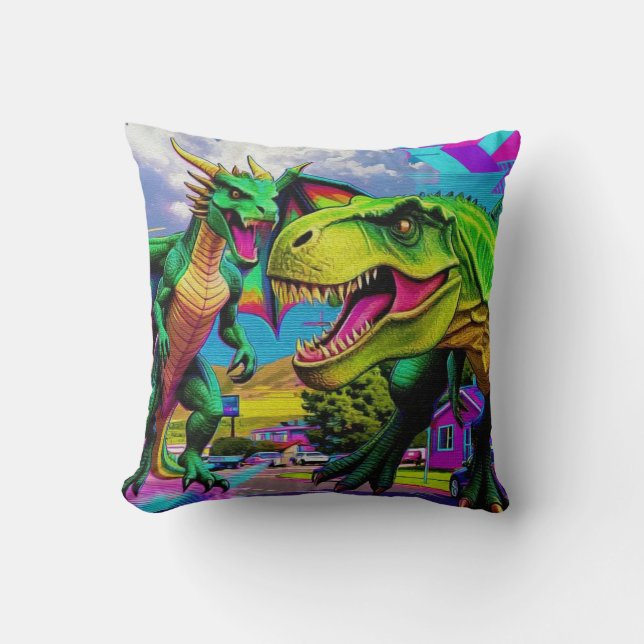 Lets Play - Green Dragon and Dinosaur Throw Pillow (Front)