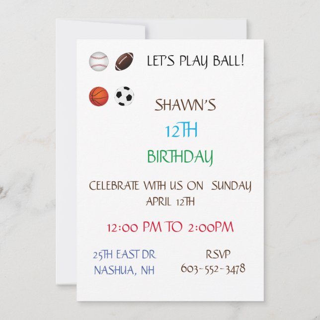 "LET'S PLAYBALL"  KIDS BIRTHDAY INVITATIONS (Back)