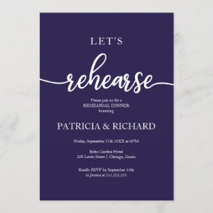 Let's Rehearse Elegant Navy Blue Rehearsal Dinner Invitation